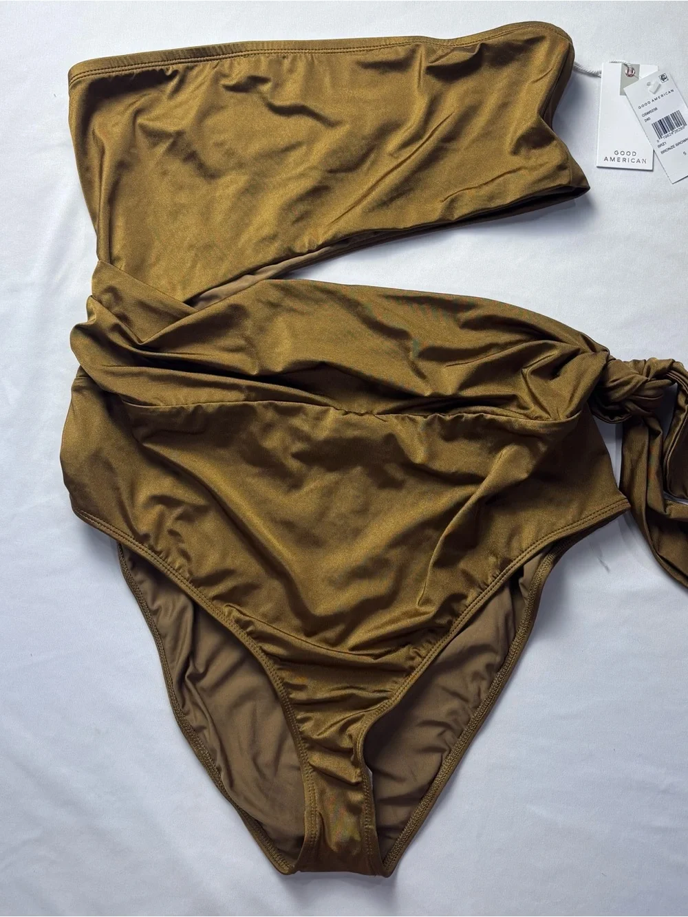 Good American Strapless One-Shoulder Cutout High-Waist Swimsuit — Bronze Brown